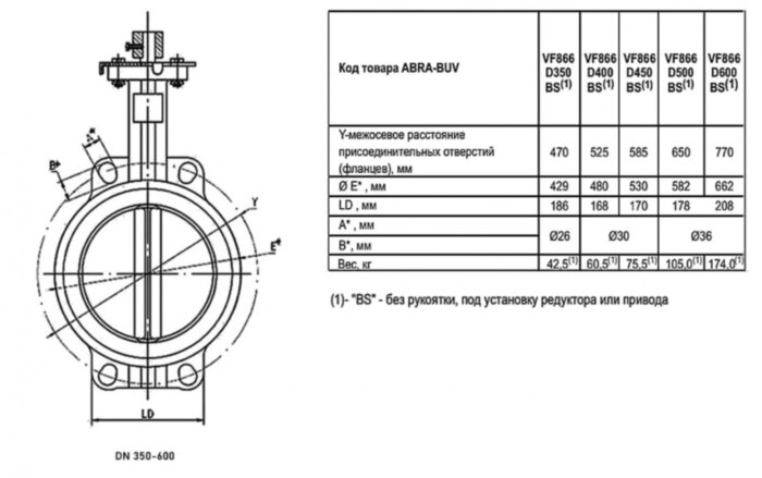Затвор дисковый поворотный ABRA BUV-VF 866 DN 350 PN 16 межфланцевый с голым штоком