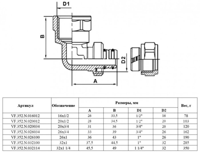 Угольник обжимной VALFEX VF.352.N ВР 1/2" Ду 20 Ру 25 переход на внутреннюю резьбу, никелированный латунный