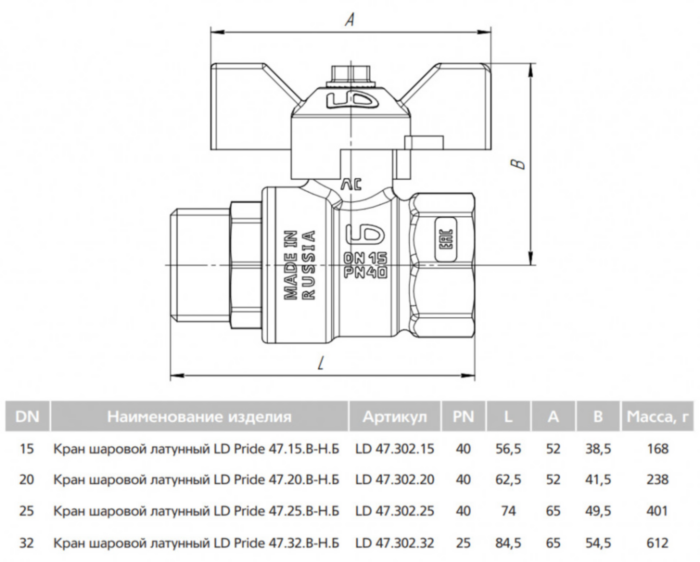 Кран шаровой латунный LD Pride 47.32.В-Н.Б Ду 32 Ру 40 резьба (ВР-НР) 1 1/4", никелированный с черной бабочкой, неполнопроходный