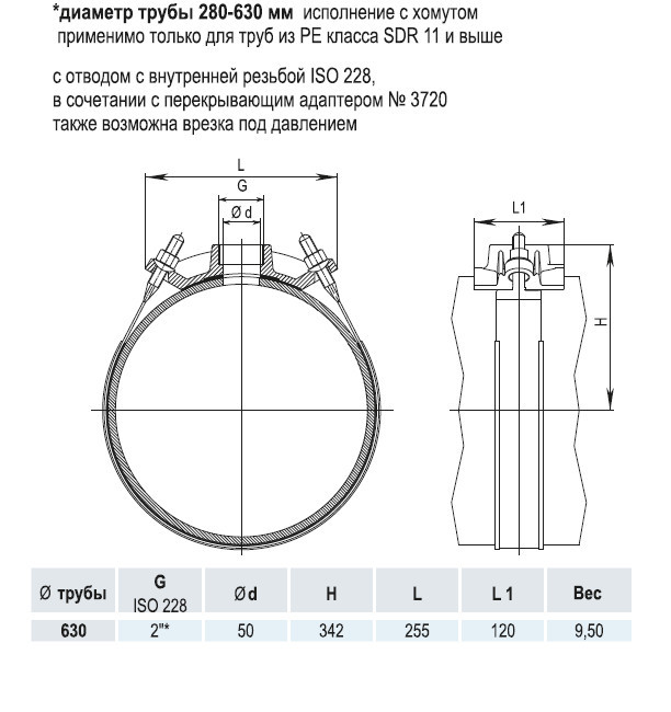 Врезной хомут HAWLE 5250 DN 630 PN 16 системы HAKU с отводом с внутренней резьбой 2"* 3