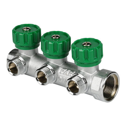 Коллектор распределительный FAR FK 3822 3 отвода ВР-НР 3/4"х1/2" DN 20 PN 16 с регулирующими клапанами