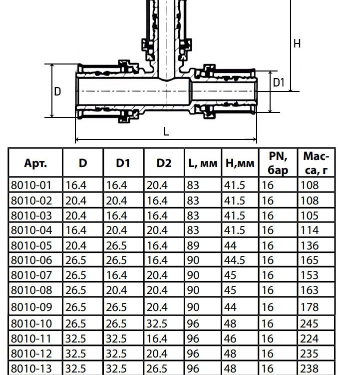 Тройник переходной латунный Aquasfera 8010 DN 16.4х16.4х20.4 PN 16 покрытие - никель, пресс, 8010-01 4