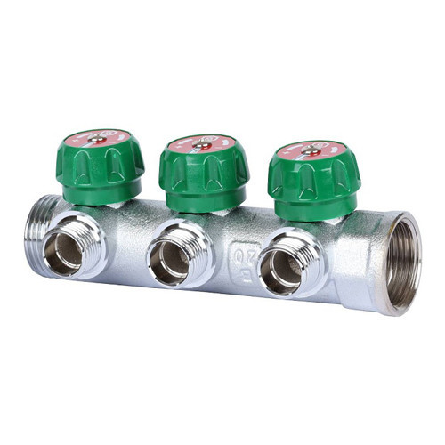 Коллектор распределительный STOUT SMB 6849 3 отвода ВР-НР 1"х1/2" DN 25 PN 16 с регулирующими клапанами плоское уплотнение 1