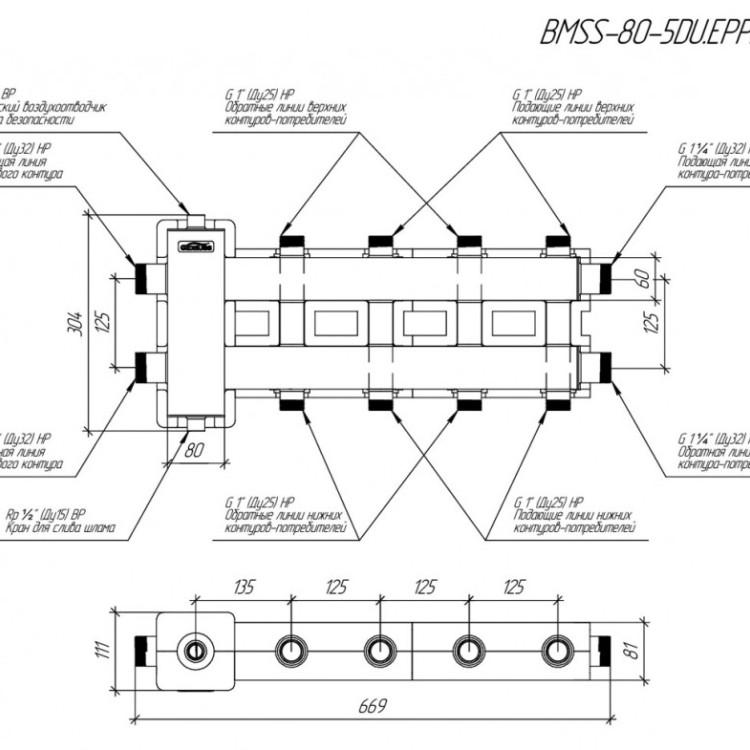 Коллектор распределительный GIDRUSS BMSS-80-5DU.EPP 5-ти контурный НР 1 1/4"x1" Ду 32 Ру 6 балансировочный в термоизоляции 2