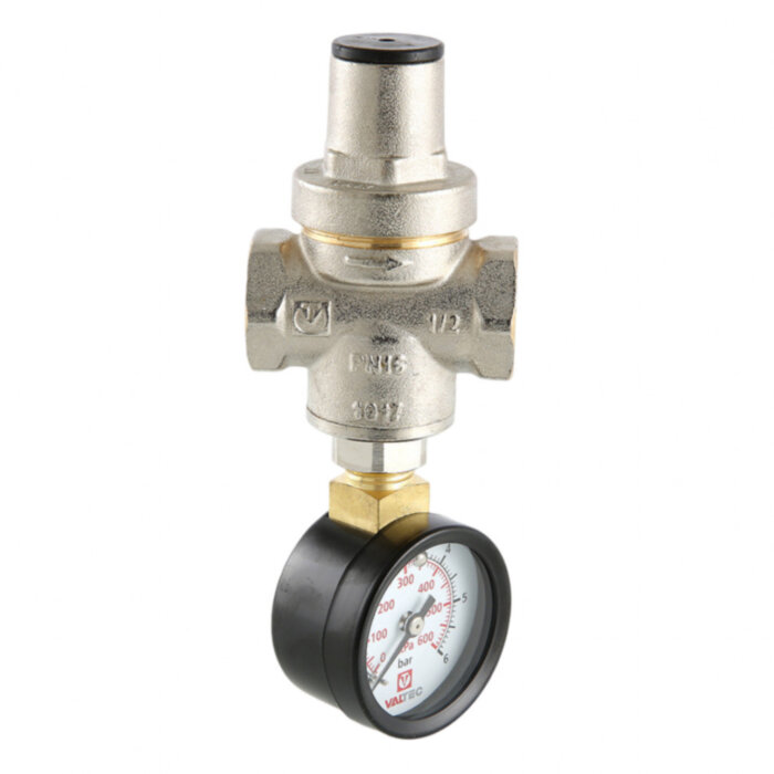 Редуктор давления VALTEC VT.088.N.0555 3/4'' DN 20 PN 16 поршневой, регулируемый, прямого действия, с манометром-индикатором, латунный с никелевым покрытием