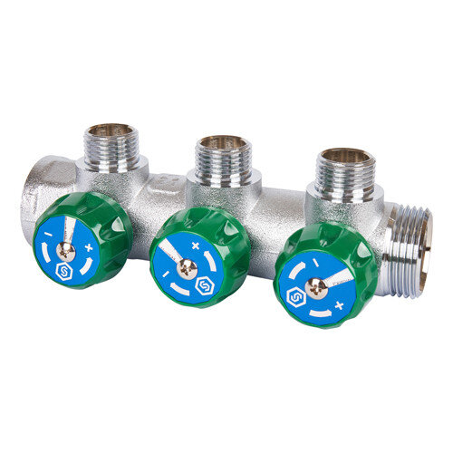 Коллектор распределительный STOUT SMB 6850 3 отвода ВР-НР 1"х1/2" DN 25 PN 16 с регулирующими клапанами