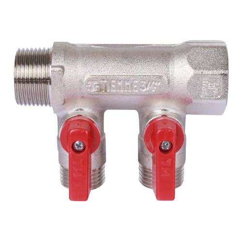 Коллектор распределительный Tiemme Nino 1820004 2 отвода ВР-НР 3/4"х1/2" DN 20 PN 16 с шаровыми кранами красная рукоятка модульный 2