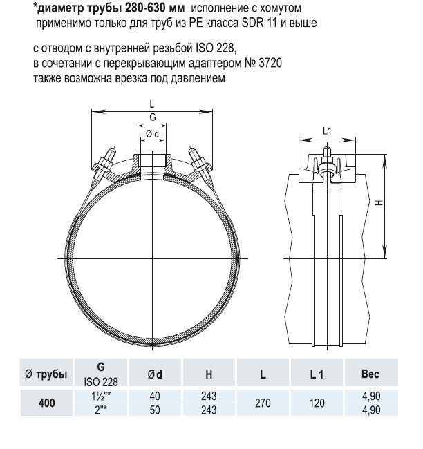 Врезной хомут HAWLE 5250 DN 400 PN 16 системы HAKU с отводом с внутренней резьбой 2"*