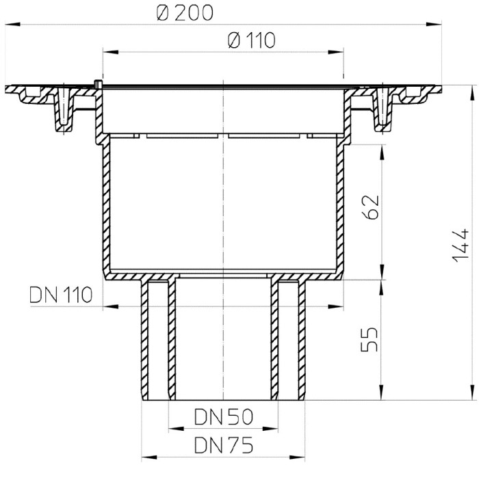 Корпус трапа HL310NK-3020 DN50/75/110 вертикальный выпуск, монтажная заглушка