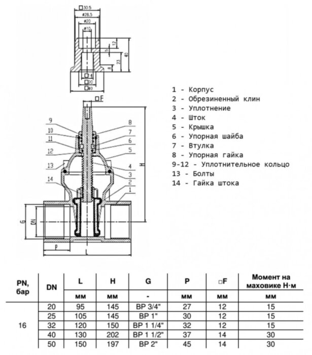 Задвижка ответвительная Benarmo 1030W DN 50 PN 16 2" ВР под Т-ключ клина с невыдвижным шпинделем, уплотнение - NBR
