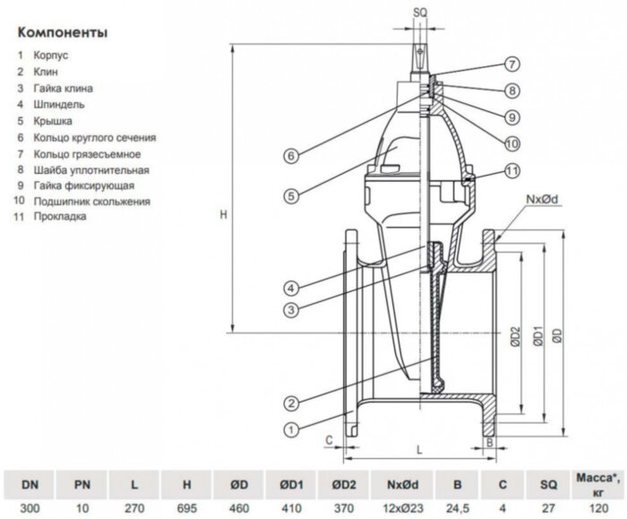 Задвижка VGA D17.04 DN 300 PN 10 L=270 мм фланцевая клиновая чугунная с маховиком с обрезиненным клином