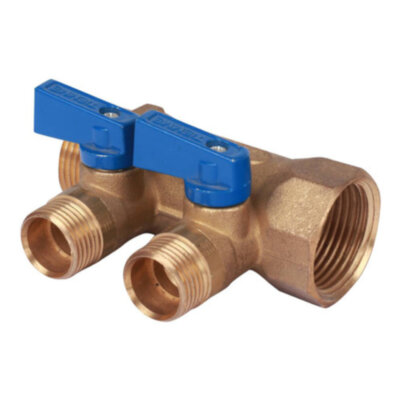 Коллектор распределительный Tiemme Nino 1820006 2 отвода ВР-НР 1"х1/2" DN 25 PN 16 с шаровыми кранами синяя рукоятка модульный