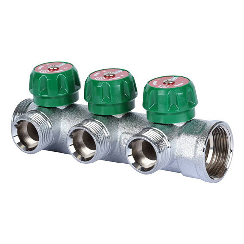 Коллектор распределительный STOUT SMB 6850 3 отвода ВР-НР 1"х3/4" DN 25 PN 16 с регулирующими клапанами