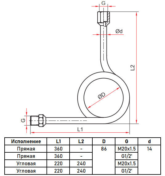 Петлевая трубка угловая Росма Дкорп=14мм 0-25 Мпа G1/2" 00000003127