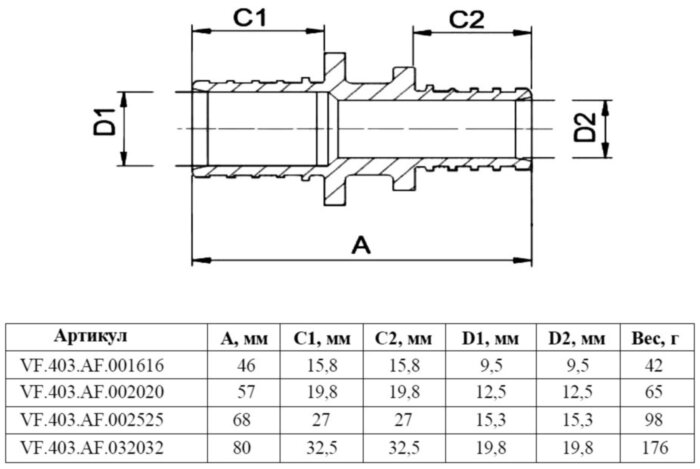 Соединитель надвижной прямой VALFEX VF.403.AF Ду 20х20 Ру 16 латунный