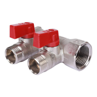 Коллектор распределительный Tiemme Nino 1820004 2 отвода ВР-НР 3/4"х1/2" DN 20 PN 16 с шаровыми кранами красная рукоятка модульный