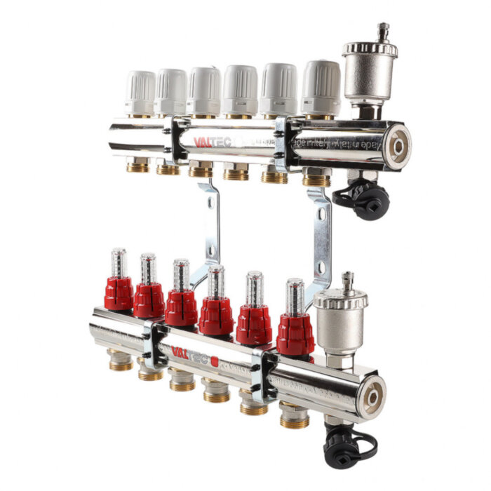 Коллекторная группа VALTEC VTc.596.EMNX.0608 8-ми контурный ВР-НР 1"x3/4" DN 25 PN 10 с регулирующими клапанами и расходомерами