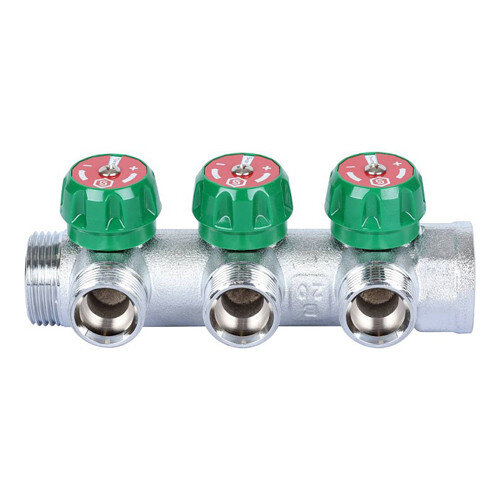 Коллектор распределительный STOUT SMB 6850 3 отвода ВР-НР 1"х3/4" DN 25 PN 16 с регулирующими клапанами