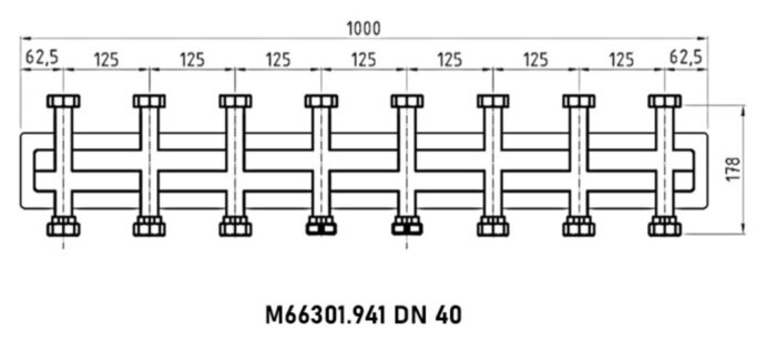 Коллектор распределительный Meibes M66301.941 7-ми контурный ВР-НР 1 1/2" DN 40 PN 6 в теплоизоляции