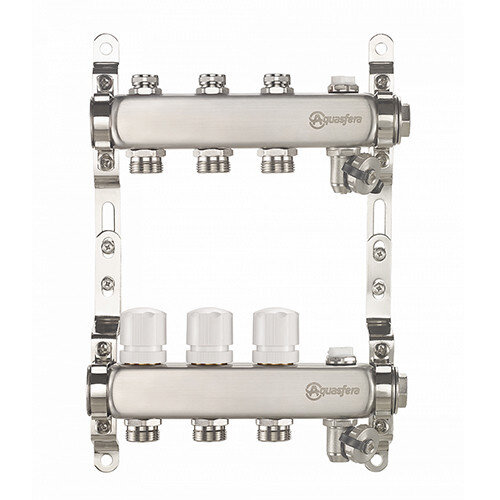 Коллекторная группа из нержавеющей стали Aquasfera 9502 DN 20/25 PN 10 резьба - 1"х3/4"х4, под евроконус с регулирующими балансировочными клапанами, с дренажным краном, резьбовая ВР-НР, 9502-03