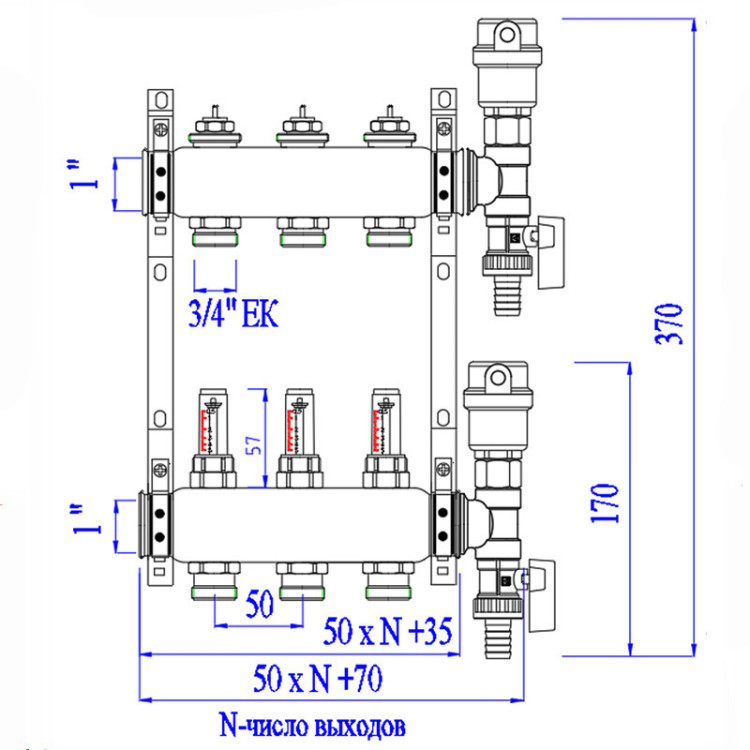 Коллекторная группа VALTEC VTc.589.EMNX.0607 7-ми контурный ВР-НР 1"x3/4" DN 25 PN 9 с регулирующими клапанами и расходомерами 5