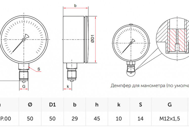 Манометр РОСМА ТМ-210Р.00 (0…0,6 МПа) Дкорп=50мм кл. 2,5 М12х1,5 пропан, сварочный общетехнический радиальный 00000004058 3