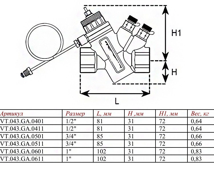 Автоматический регулятор перепада давления Valtec VT.043.GA 3/4" DN 20 PN 25 настраиваемый с регулирующим клапаном, 3-35 кПа 2