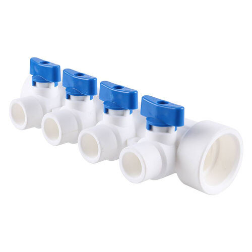 Коллектор распределительный Kalde 3272-mnb-400420 4 отвода DN 40 PN 25 с шаровыми кранами синяя рукоятка воздухоотводчик