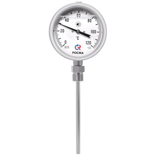 Термометр РОСМА БТ-52.220-150 Дкорп=100мм 10 МПа кл. 1,5 G1/2" Траб = -30...+70°C биметаллический коррозионностойкий готовый к гидрозаполнению, радиальный УТ-00043260