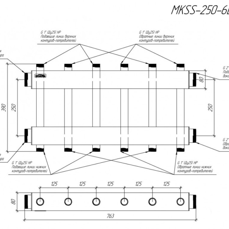 Коллектор распределительный GIDRUSS MKSS-250-6DU 6-ти контурный НР 2"x1" Ду 50 Ру 6 модульный 3