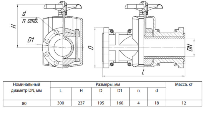 Задвижка шланговая Ду 80 Ру 10 фланцевая