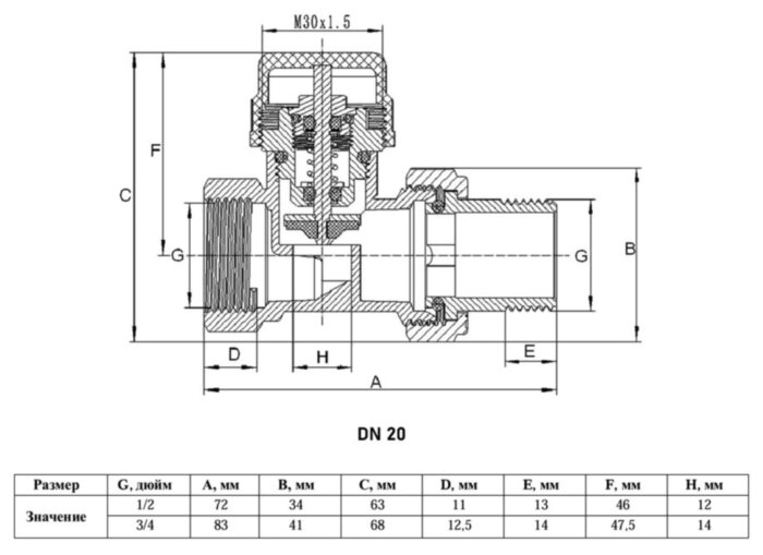 Клапан радиаторный VALFEX VF.032.T ВР-НР 3/4" DN 20 PN 10 термостатический прямой