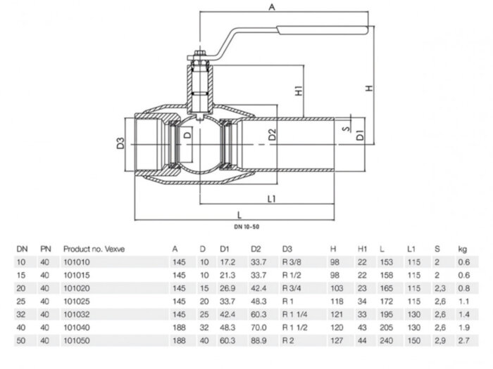 Кран шаровой Vexve 101040 DN 40 PN 40 стальной стандартнопроходный под приварку для жидкости, ручка-рычаг