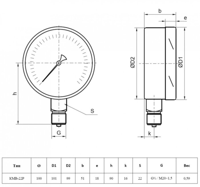 Мановакуумметр РОСМА КМВ-22Р (-1...1,5 кПа) Дкорп=100мм кл. 1,5 G1/2" для низких давлений газов радиальный 00000002255