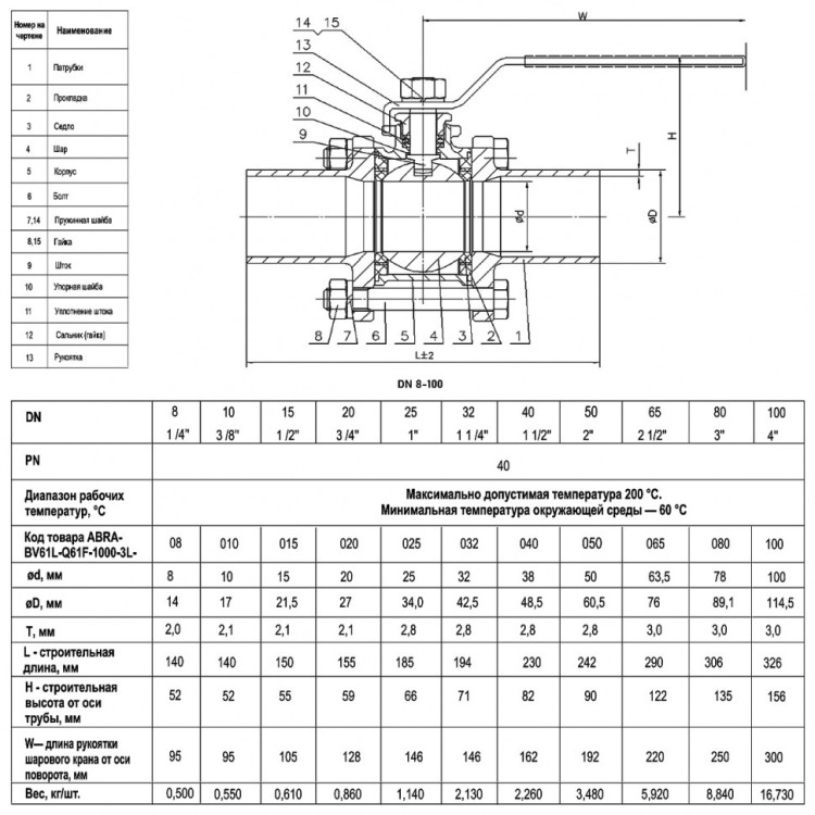 Кран шаровой ABRA BV61L DN 10 PN 40 длинные патрубки нержавеющая сталь 2