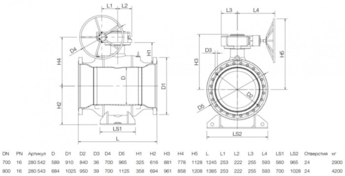 Кран шаровой NAVAL 280543 DN 800 PN 16 стальной стандартнопроходный фланцевый для газа с редуктором