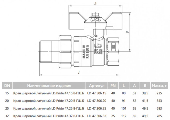 Кран шаровой латунный LD Pride 47.20.В-ГШ.Б Ду 20 Ру 40 резьба (ВР-НР) 3/4", никелированный с красной бабочкой, неполнопроходный