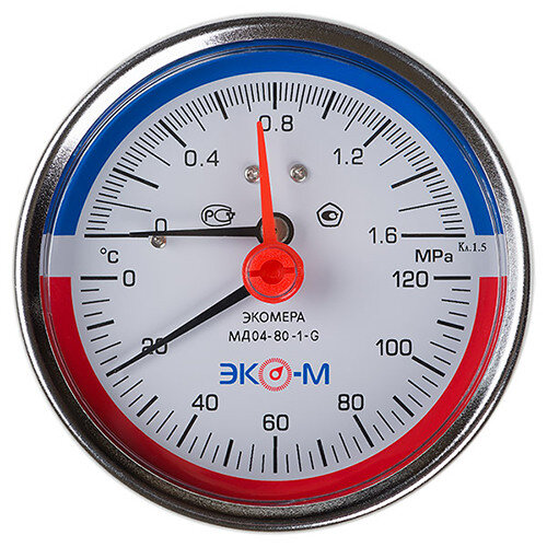 Термоманометр ЭКОМЕРА МД04-80 Ду 80 мм Ру 0-1,6 МПа Т 0-120C 1/4'' L=40 мм с переходником на 1/2''