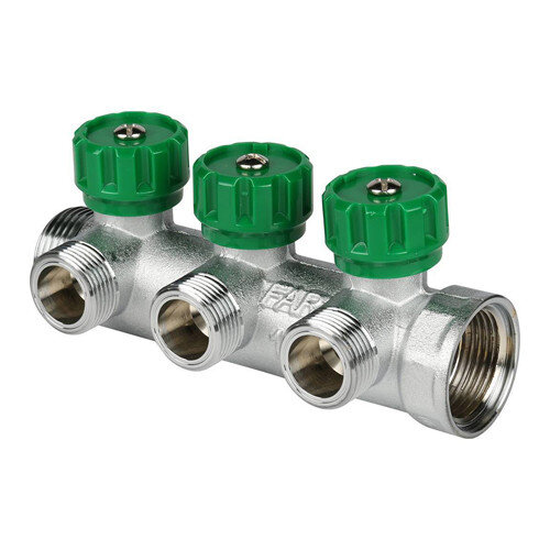 Коллектор распределительный FAR FK 3822 3 отвода ВР-НР 1"х1/2" DN 25 PN 16 с регулирующими клапанами