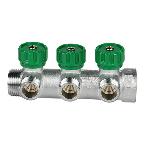 Коллектор распределительный FAR FK 3822 3 отвода ВР-НР 1"х1/2" DN 25 PN 16 с регулирующими клапанами