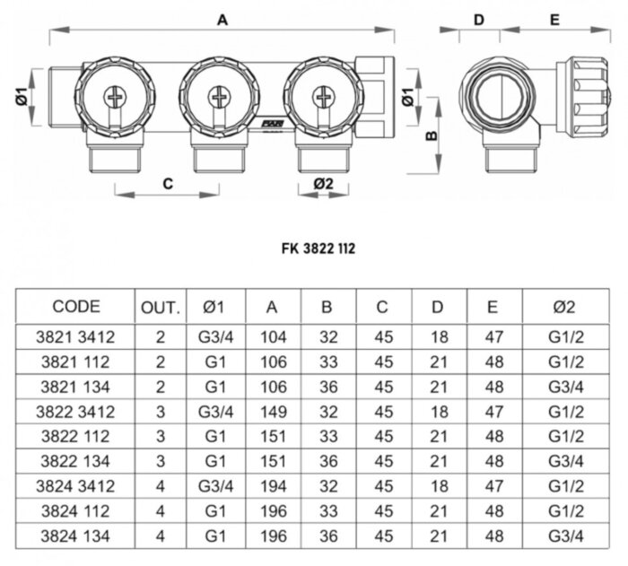 Коллектор распределительный FAR FK 3822 3 отвода ВР-НР 1"х1/2" DN 25 PN 16 с регулирующими клапанами