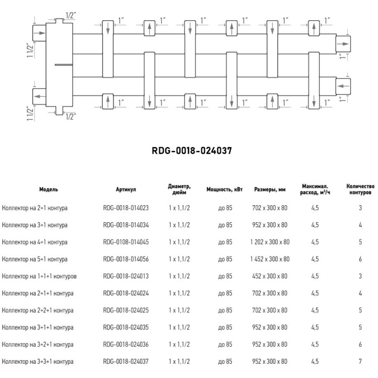 Коллектор распределительный ROMMER RDG-0018-024037 7-ми контурный НР 1"x1 1/2" Ду 40 Ру 4 дублёр компакт с гидравлическим разделителем 3