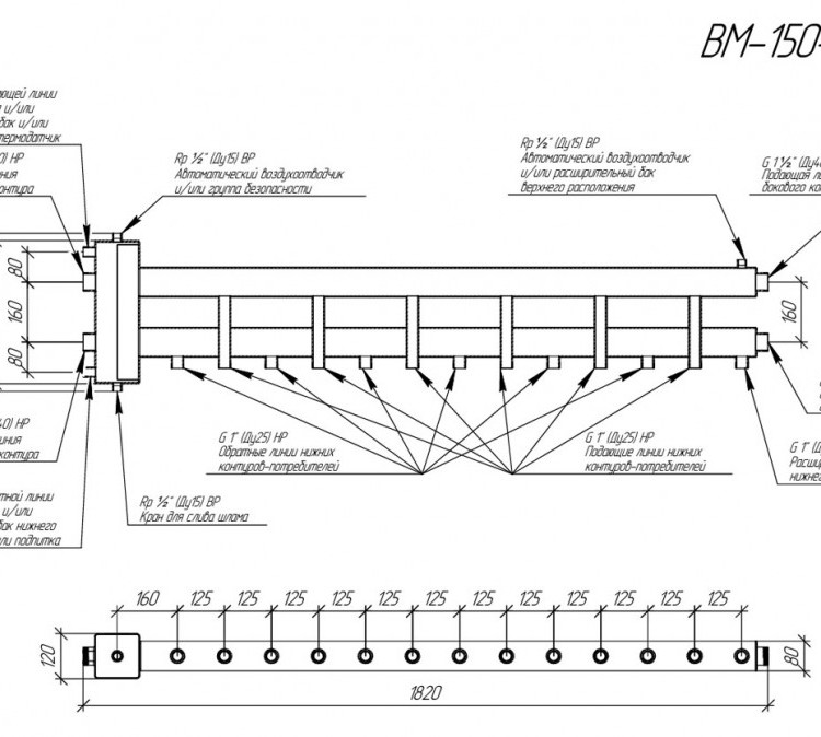 Коллектор распределительный GIDRUSS BM-150-7D 7-ми контурный НР 1 1/2"x1" Ду 40 Ру 6 балансировочный 2