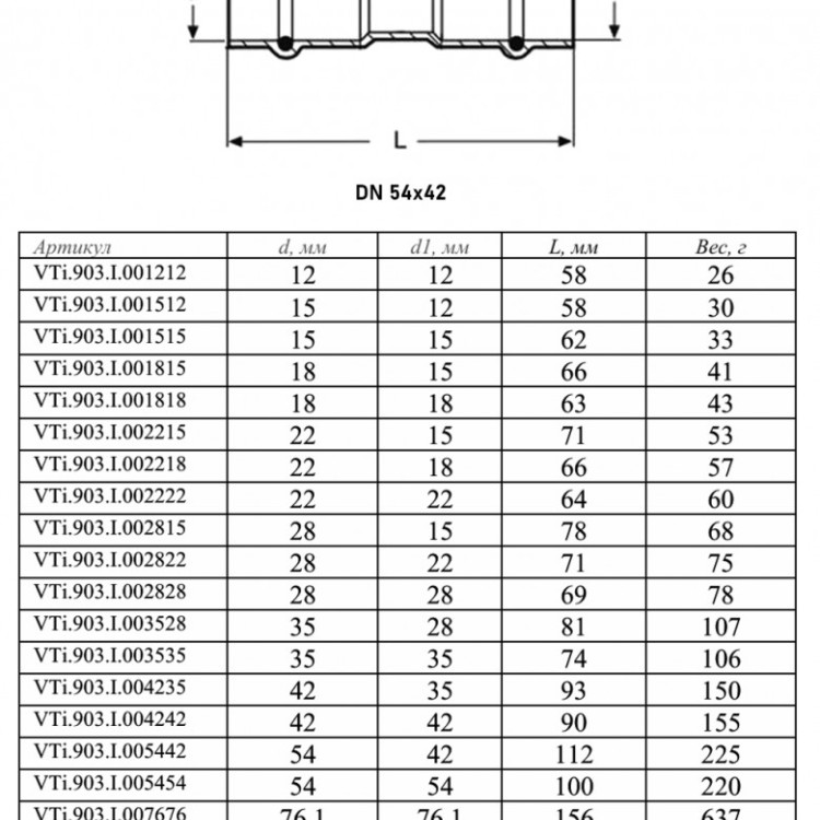 Муфта переходная VALTEC VTi.903.I DN 54x42 PN 16 двухраструбная нержавеющая сталь 2