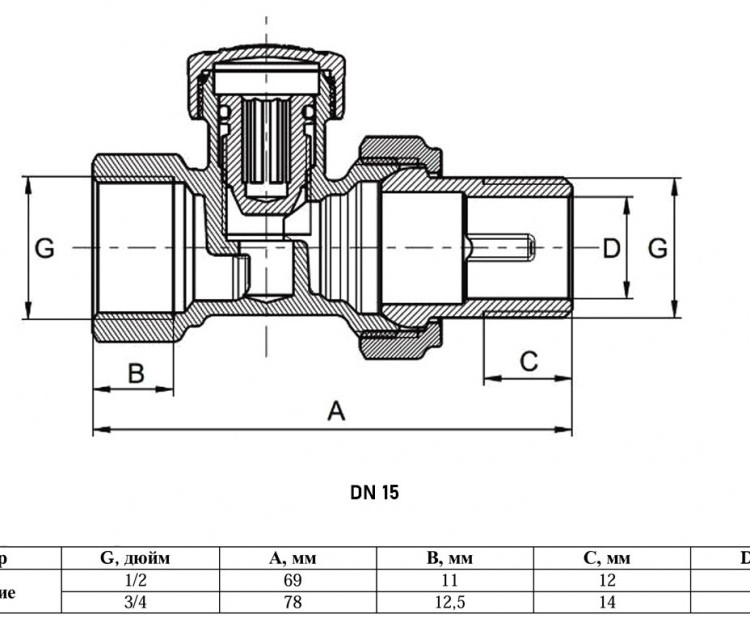 Клапан радиаторный VALFEX VF.020.NN ВР-НР 1/2" DN 15 PN 10 настроечный прямой 2