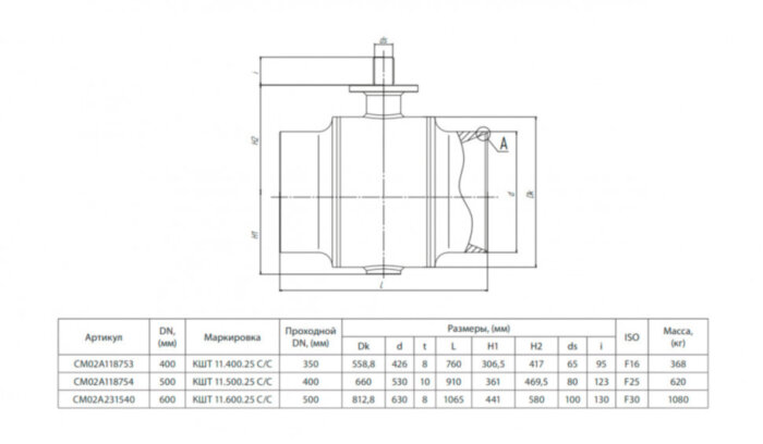 Кран шаровой БИВАЛ КШТ 11 DN 600 PN 25 C/C