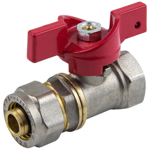 Кран шаровой латунный для МП трубы Aquasfera EURO 1016 DN 20 Dтр 20 PN 16 резьба - 3/4'', покрытие - никель, неполнопроходной резьбовой ВР/компрессионный, ручка-бабочка красная 1016-03