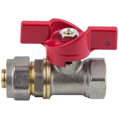 Кран шаровой латунный для МП трубы Aquasfera EURO 1016 DN 20 Dтр 20 PN 16 резьба - 3/4'', покрытие - никель, неполнопроходной резьбовой ВР/компрессионный, ручка-бабочка красная 1016-03