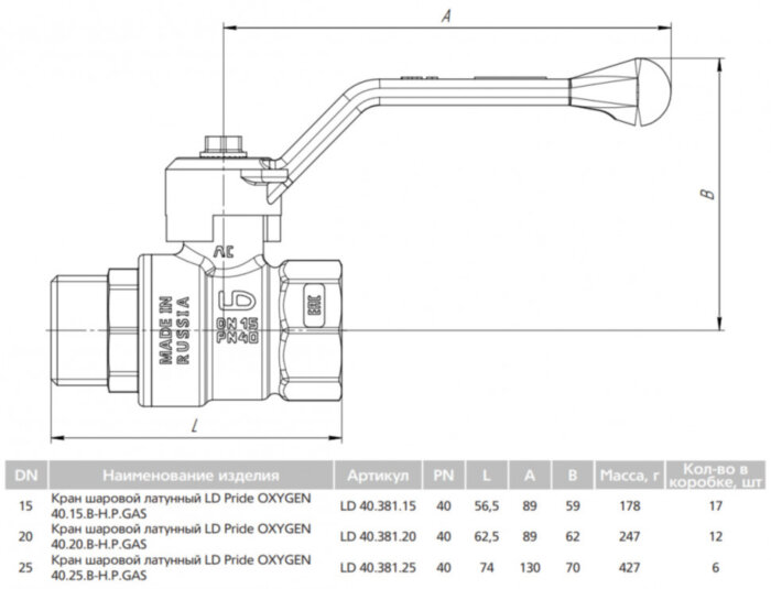Кран шаровой латунный LD Pride Oxygen 40.20.В-Н.Р GAS Ду 20 Ру 40 резьба (ВР-НР) 3/4", никелированный кислородный