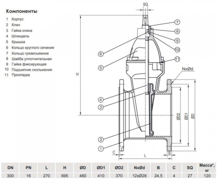 Задвижка VGA D17.04 DN 300 PN 16 L=270 мм фланцевая клиновая чугунная с маховиком с обрезиненным клином